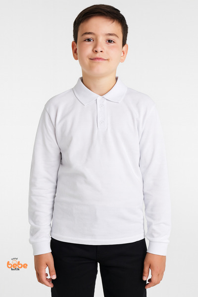 Trend Bebe Butik Tricou școlar alb cu mânecă lungă și guler polo – Bluză spor...