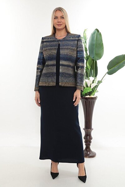 MİSS DİAMOND سترة مبطنة بتفاصيل حجرية، سترة جاكار بدون أكمام، تنورة طويلة، طق...