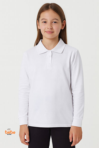 Trend Bebe Butik Beyaz Uzun Kollu Polo Yaka Okul Tişörtü – Kız Çocuk Polo Yak...
