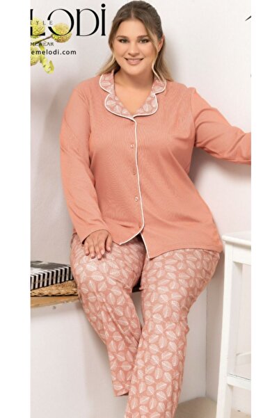 melodi Melisa Cotton Stretch Fabric Oversized Plus Size Front Button Long Sleeve Women's Pajama Set