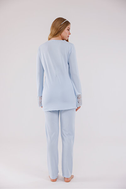 Yulem Homewear Set de pijamale pentru maternitate, cu design special din dantelă albastră, cu caracteristică pentru alăptare