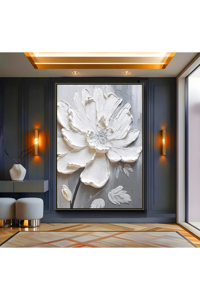 EMYA HOME White Flower Canvas Painting with Bronze Metal Frame