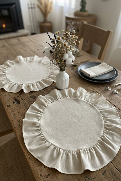 Kayasoft 6'lı Keten Supla Fırfırlı American Servis Yuvarlak 40x40 Sehpa Örtüsü