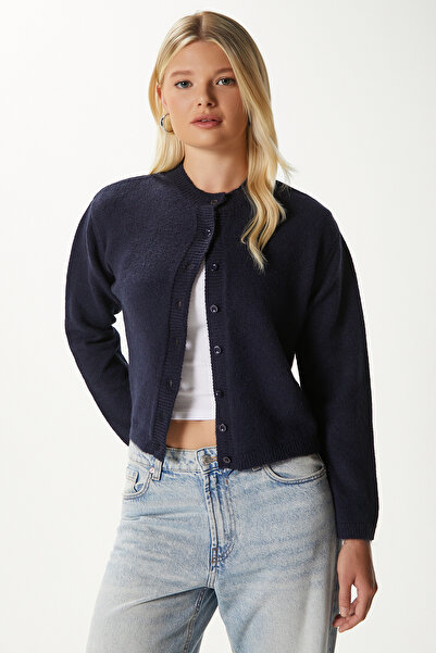 Ritnice Women's Nina Crew Neck Navy Blue Basic Cardigan