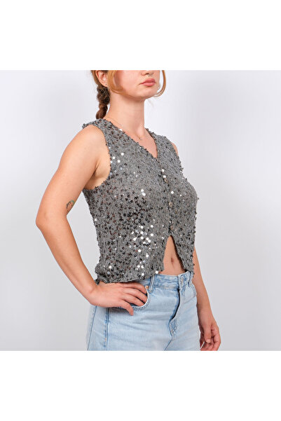 TuffHandicraft Payetli Örme Yelek – Gümüş Gri | V-Yaka