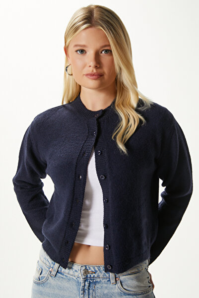 Ritnice Women's Nina Crew Neck Navy Blue Basic Cardigan