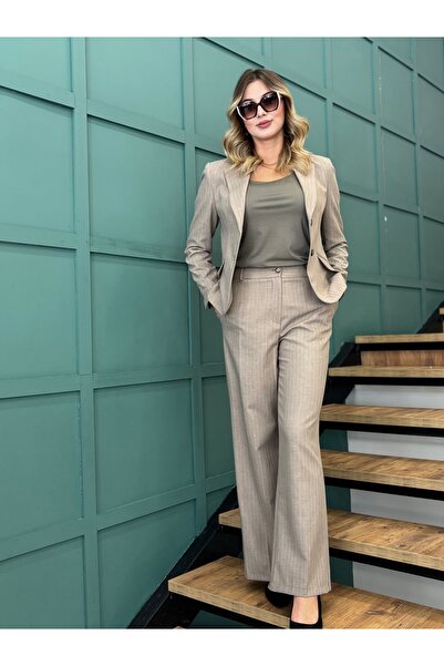 AYHAN Women's Striped, Buttoned, Blazer Jacket-Pants Set