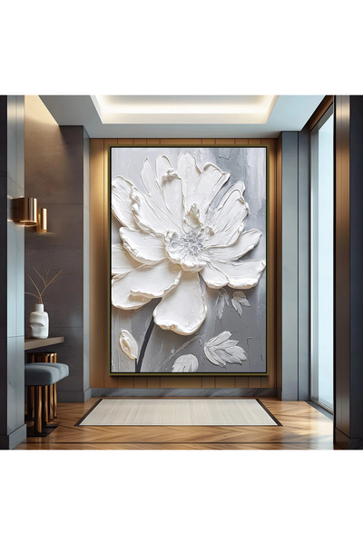 EMYA HOME White Flower Canvas Painting with Bronze Metal Frame