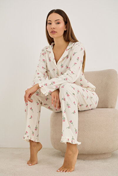 Siyah İnci Ecru Tulip Patterned Wrinkled Long Sleeve Buttoned Pajama Set 7931