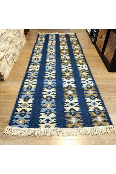 OEM Traditional Rug, Handwoven, Double-Sided, 60x300cm, Blue and Cream, Rustic Model