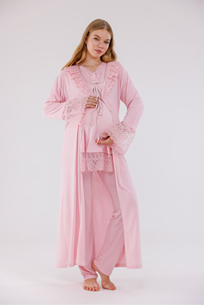 Yulem Homewear طقم بيجامة للحوامل مكون من 3 قطع بتصميم دانتيل خاص من القطن بط...