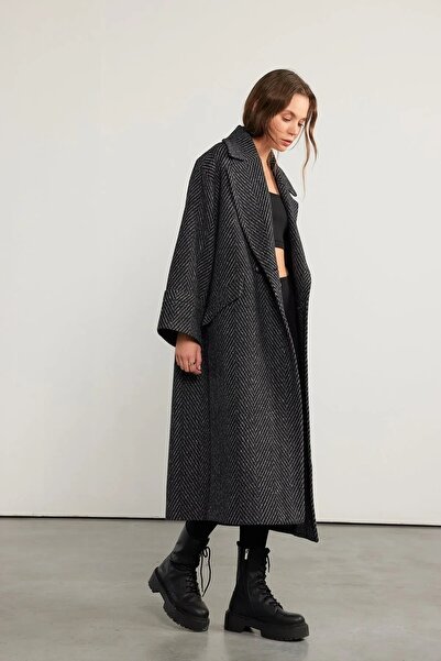 SERHANE Black Herringbone Cashmere Coat Women's Coat (Oversize Loose Fit) Pre...