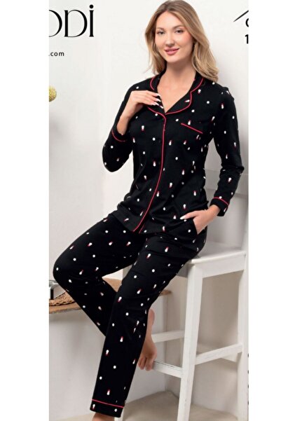 melodi 100% Cotton Front Buttoned Long Sleeve Women's Pajama Set New Year's Special Pattern