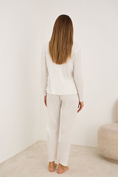 Siyah İnci ekru fiyonklu Fitilli Kaşkorse Uzun Kollu Pijama Takım 7937