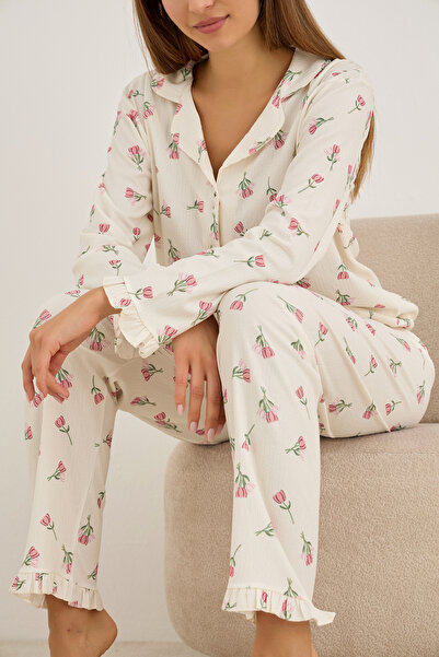 Siyah İnci Ecru Tulip Patterned Wrinkled Long Sleeve Buttoned Pajama Set 7931