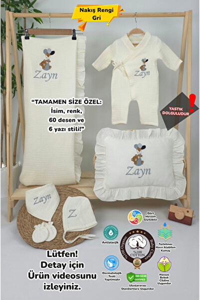 gros shop Müslin Yeni Doğan 4Katlı Organik %100Pamuk Kişiye Özgü Nakışlı Hast...
