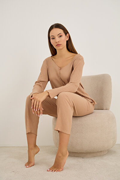 Siyah İnci Mink Bow-Embellished Corduroy Long-Sleeve Pajama Set 7937