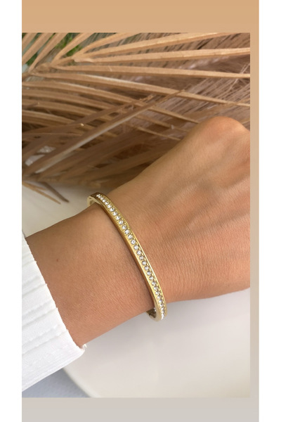 JustGAF Gold Renk Sıralı Gömme Zirkon Taşlı 14k Çelik Kelepçe Bileklik / Bilezik