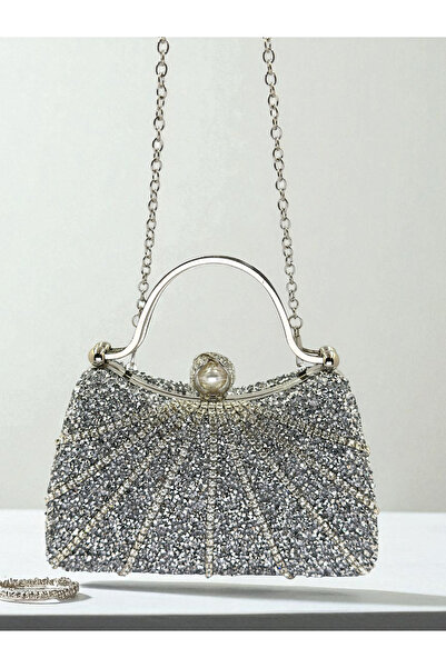Wedding Fashion Geantă pentru rochie de seară pentru femei, de culoare argintie, complet cu pietre