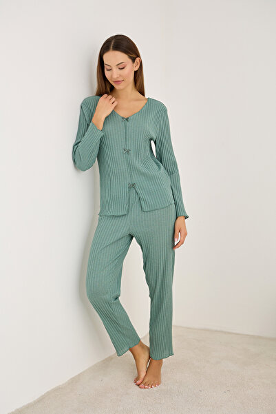 Siyah İnci Green Bow Ribbed Camisole Long Sleeve Pajama Set 7937