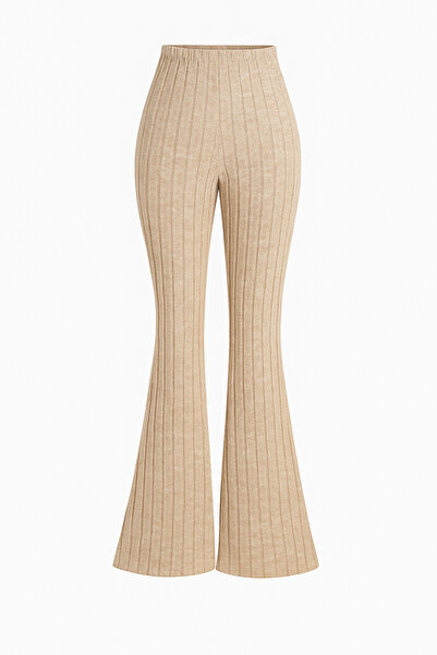 Wild Flower Beige Ribbed Asymmetrical One Shoulder Spanish Sleeve Blouse & High Waist Wide Leg Pants Set