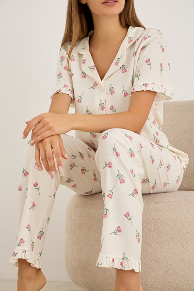 Siyah İnci Ecru Tulip Patterned Bürümcük-Krınkıl Short Sleeve Buttoned Pajama Set 7930