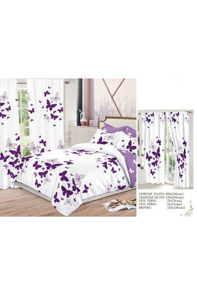 FIONNA.RO Fine Cotton Linen And Curtain Set - Purple Butterflies