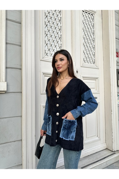ikomteks Bearded Knitwear Cardigan with Jeans Detail