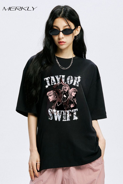 barsdepo تي شيرت مطبوع من تايلور سويفت، تي شيرت أسود كبير الحجم للجنسين للأطف...