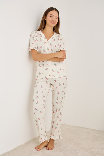 Siyah İnci ekru lale desenli Bürümcük-Krınkıl Kısa Kollu Düğmeli Pijama Takım 7930