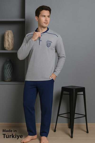 Eyfuze Men's Buttoned Collar 100% Cotton Seasonal Knitted Combed Cotton Long Sleeve Pajamas Set
