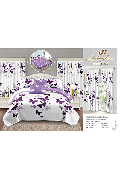 FIONNA.RO Set Lenjerie Si Draperii Bumbac Tip Finet Cu Elastic - Fluturi Mov