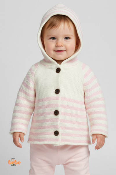 Trend Bebe Butik Çizgili Kapüşonlu Hırka | Bebek Örgü Mont 9-12 Ay/12-18 Ay | Erkek ve Kız Bebek Triko Ceket Ponponlu