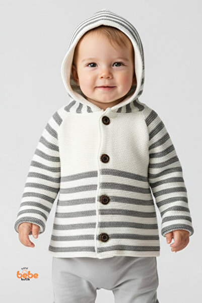 Trend Bebe Butik سترة مخططة بغطاء للرأس |   معطف محبوك للأطفال من عمر 9 إلى 1...