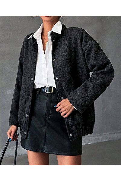 MY QILAM Women's Clothing Black Double Pocket Fence Closure Cashmere Coat Jacket