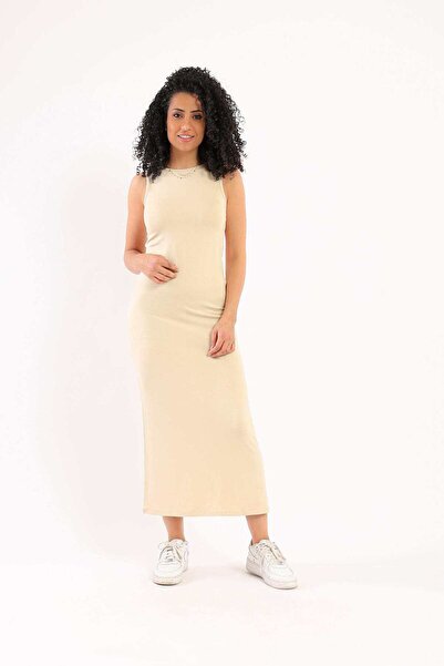 CARINA Women's Solid Midi Dress with Round Neck
