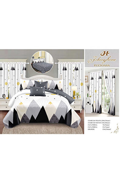 FIONNA.RO Finet Cotton Linen and Curtain Set - White and Grey Triangles