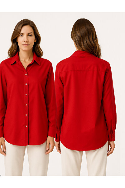 TUBA EXPORT Kadın Oversize Basic Tesettür Gömlek - Kırmızı