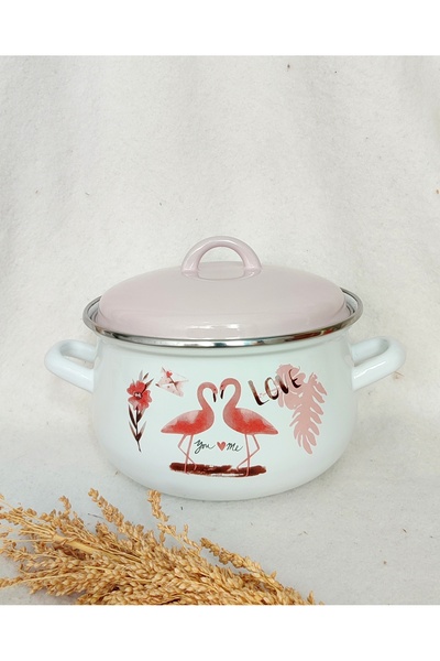 EBRULİEMAYE Flamingo Enamel Pot Large Size 5 Liters 24cm Diameter Milk Yogurt Soup Jam Canned Paste Pot