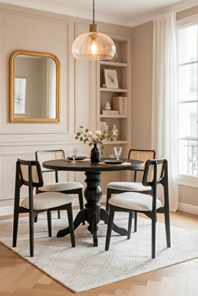 Woodenbend Palace Siyah Ahşap Natural Hazeranlı Yuvarlak Masa Sandalye Takımı...