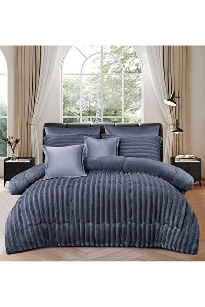 Moon مفرش شتوي نفرين مقلم مخمل على فرو طقم 6 قطع