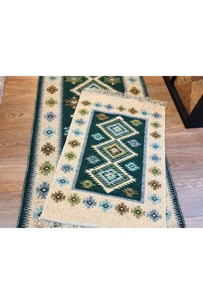 OEM 1+1 set traditional woven rugs, cotton, double-sided, 120x180 cm + 60x90 cm, green and cream, model