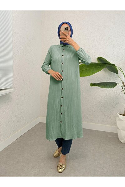 HİJABAYA Μακρύ τσακισμένο τουνίκ με κουμπιά και ελαστικό μανίκι