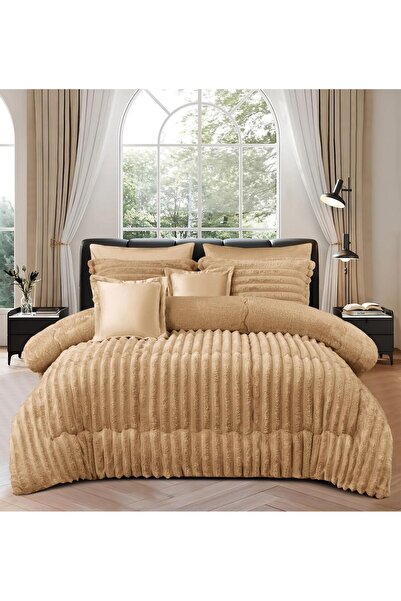 Moon مفرش شتوي نفرين مقلم مخمل على فرو طقم 6 قطع