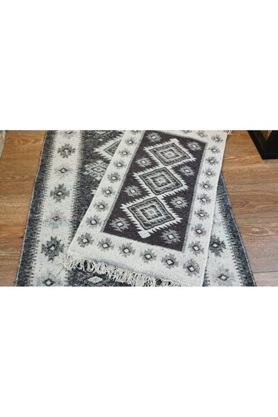 OEM 1+1 set traditional woven cotton rugs, double-sided, 80x150 + 60x90 cm, gray & white, Romb