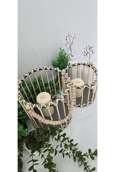 MUJA DEC Doğal El İşçiliği Bambu Fener Sepet,Mumluk,Saksı 2li 25ve15cm