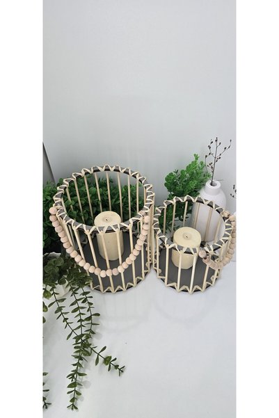 MUJA DEC Doğal El İşçiliği Bambu Fener Sepet,Mumluk,Saksı 2li 25ve15cm