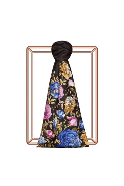 ipekevi Siyah Gül Tarhı Desenli Saten İpek Şal