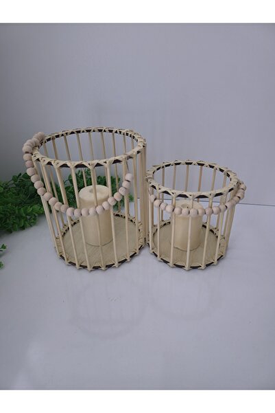 MUJA DEC Doğal El İşçiliği Bambu Fener Sepet,Mumluk,Saksı 2li 25ve15cm