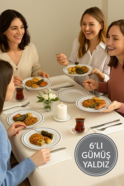 Open Home Concept Porselen Görünümlü Gümüş Yaldızlı 19 Cm Lüks Plastik Tabak – 6’lı Set, Gıda Temasa Uygun 19cm